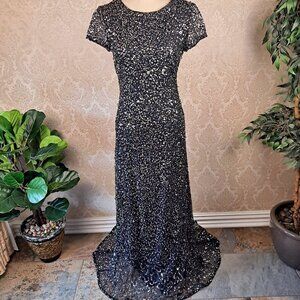 Luxe Collection Size 8 Navy Floor Length Gown Silver Sequins Small Train Cap Slv